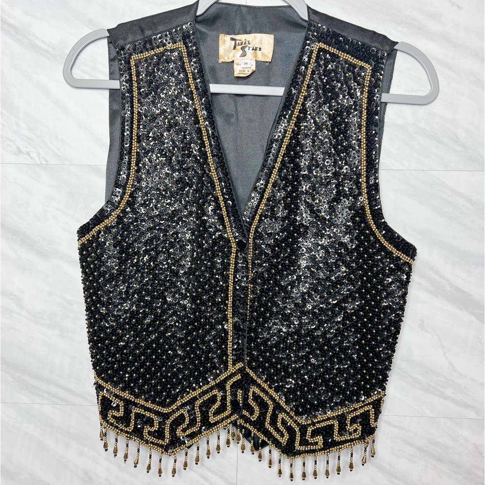 Vintage Tara’s Stars Heavily Beaded Sequined Satin Vest Medium